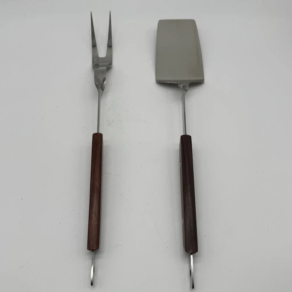 Vintage A.S. Stainless Japan BBQ Tool Set Long Wood Handle Spatula Fork 1960s